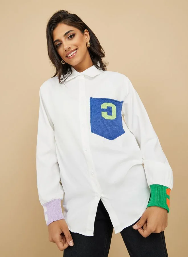 Take Two Patch Pocket Detail Contrast Cuff Longline Shirt