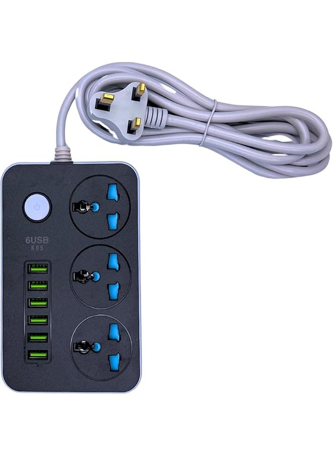 PROMASS Heavy-Duty 3-Outlet Power Strip with 6 USB Ports, 3250W Surge Protection, 2M Flame Retardant Extension Cord, Smart Fast Charging, Multi-Plug, Safety Shutter, Universal Compatibility for Home & Office  - Image 1