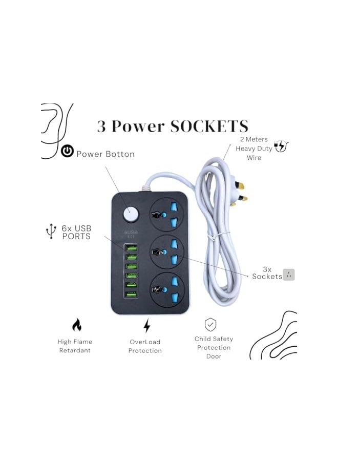 PROMASS Heavy-Duty 3-Outlet Power Strip with 6 USB Ports, 3250W Surge Protection, 2M Flame Retardant Extension Cord, Smart Fast Charging, Multi-Plug, Safety Shutter, Universal Compatibility for Home & Office  - Image 2