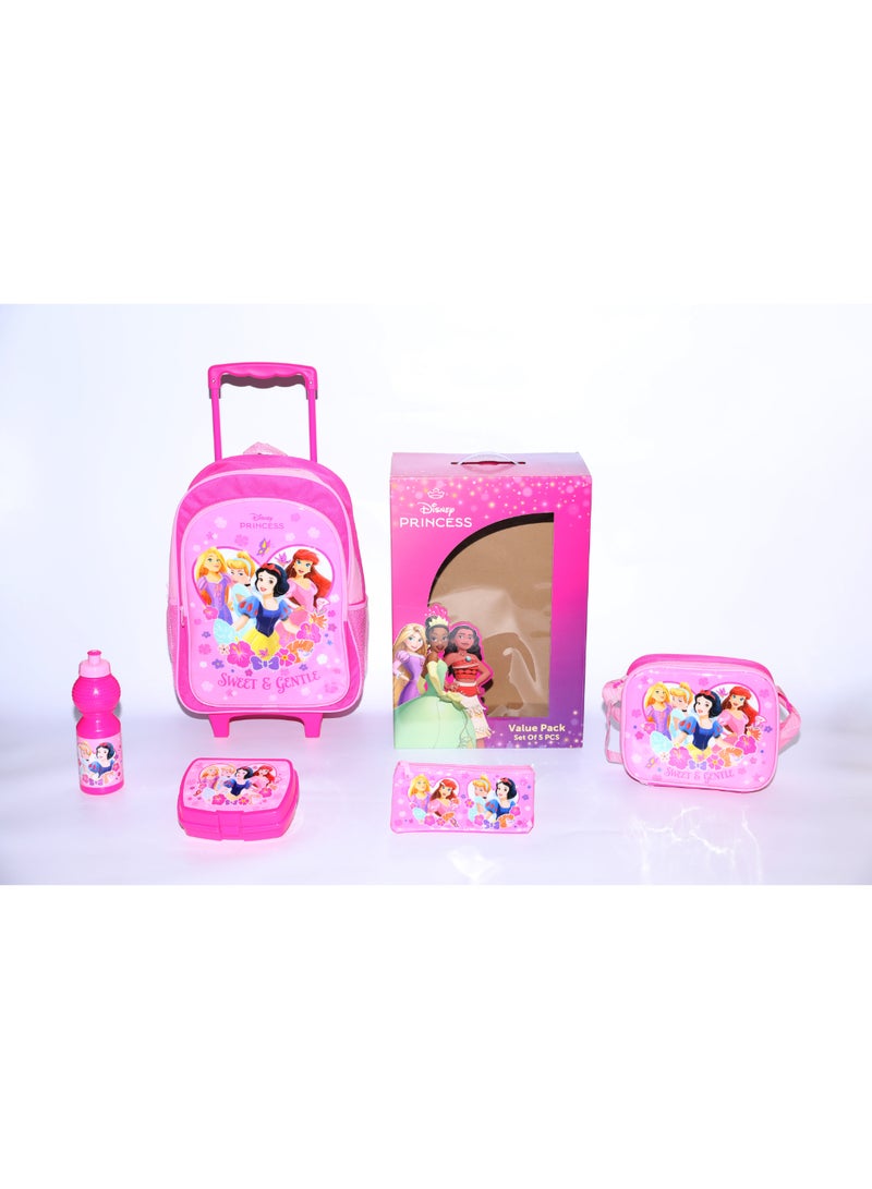 حقيبة أميرة في حقيبة بعجلات بوصة مع صندوق غداء، حقيبة غداء، زجاجة مياه وحافظة أقلام