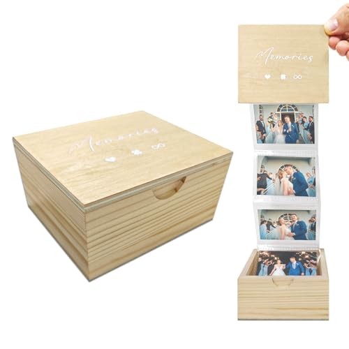 Senfaro Pull Out Photo Album Wooden Box, Picture Memory Keepsake Box, Photo Collection Gift for Him Her Friend Family, Anniversary Birthday Xmas Wedding Gifts (3"x2" Wallet Size Photo) - Image 1