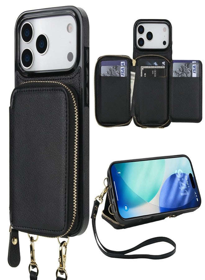 Bocasal RFID Blocking Wallet Case for iPhone 17 Pro Max, Adjustable Crossbody Zipper Purse Case Card Holder with Kickstand Detachable Wrist Strap, PU Leather Flip Folio Case 6.9 Inch 5G (Black) - Image 1