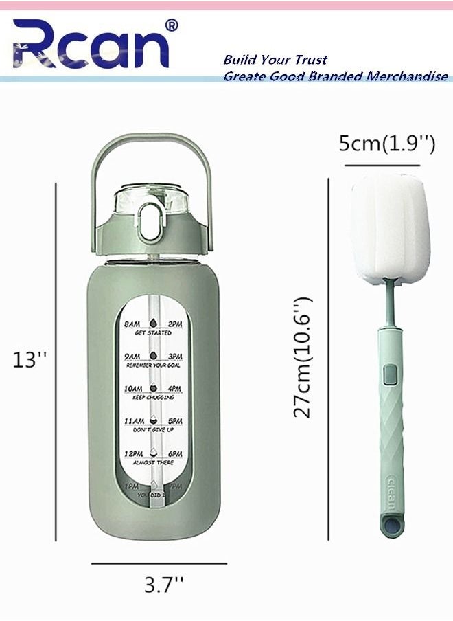 Rcan 2 Pcs Portable Glass Water Bottle with Straw and Handle Lid Large Capacity Water Cup with Silicone Sleeve and Time Marker Reusable Sports Drinking Bottle and Cup Brush Suitable for Men Women 56oz  - Image 2