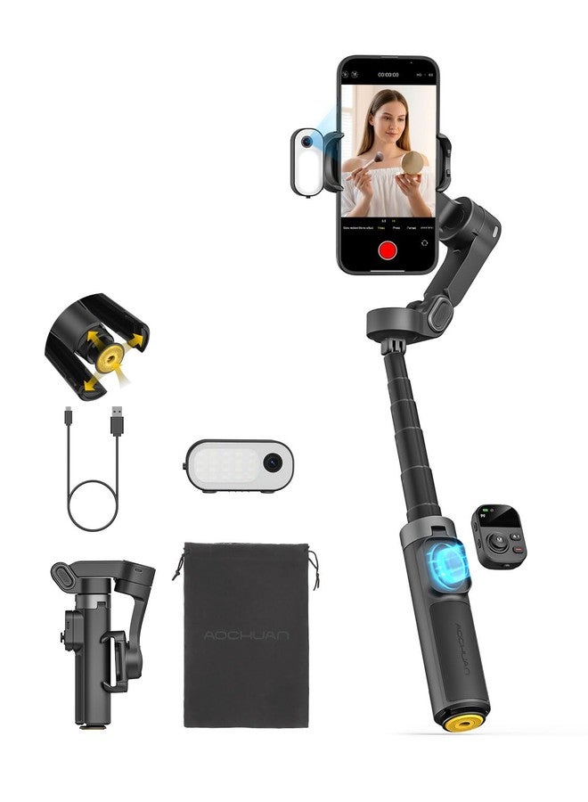 اوتشوان مثبت جيمبال من AOCHUAN لأجهزة iPhone مزود بوحدة تتبع بالذكاء الاصطناعي وإضاءة تعبئة، مثبت هاتف ثلاثي المحاور مضاد للاهتزاز مع جهاز تحكم عن بعد مغناطيسي، تحكم بالإيماءات، تحرير ثلاثي القوائم بنقرة واحدة، قضيب تمديد مدمج، تقنية Smart X3 AI - Image 1