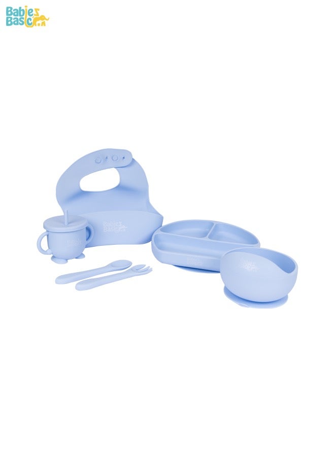 بابيز_بيسك مجموعة تغذية من السيليكون بـ 6 قطع، تحتوي على طبق شفط ووعاء شفط وأدوات قطع الطعام بطرف سيليكون وملابس واقية وكوب للشرب متعدد الاستخدامات مع حقيبة سفر. - Image 1