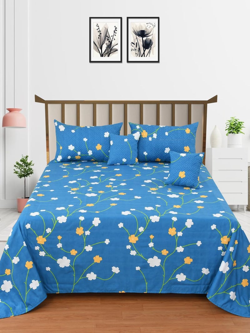 MORADO Premium Glace Cotton 160 TC Double Bed King Size Bedsheet with 2 Quilted Pillow Covers and 2 Quilted Filled Cushions 90X100 Inch Set of 5 Pcs Dark Blue