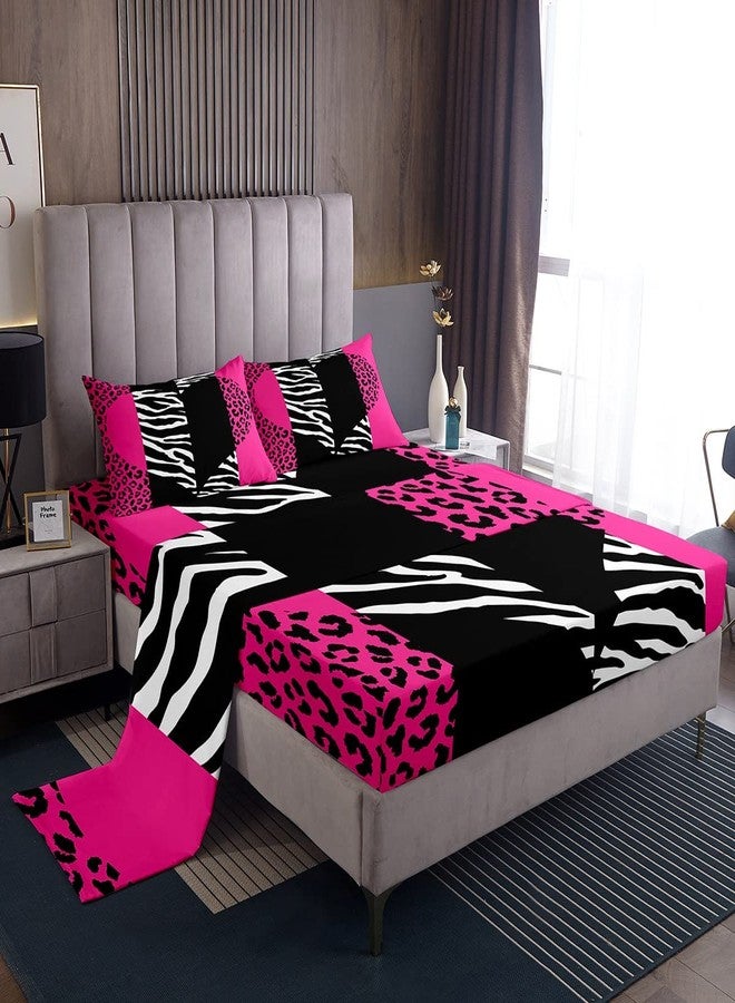 Castle Fairy Zebra Leopard Sheet Sets King Abstract Patchwork Pink Heart Bedding Comforter 4Pcs for Kids Girls Women Room Decor Wild Animals Skin Deep Pocket Sheet Modern Romantic Fitted Flat Sheet,2 Pillowcases - Image 1