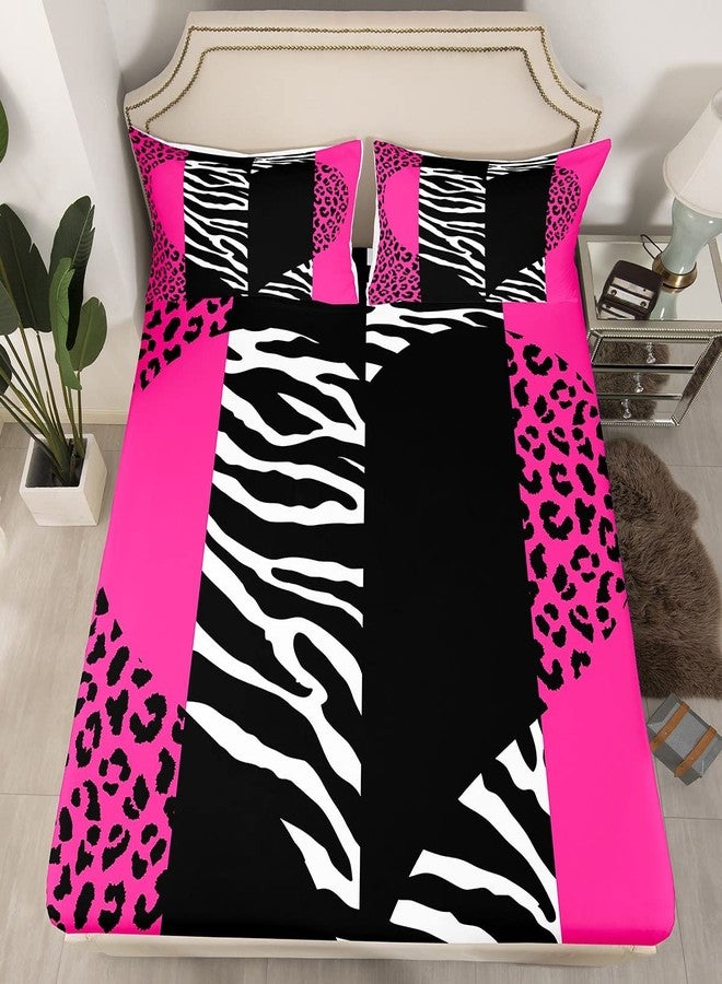 Castle Fairy Zebra Leopard Sheet Sets King Abstract Patchwork Pink Heart Bedding Comforter 4Pcs for Kids Girls Women Room Decor Wild Animals Skin Deep Pocket Sheet Modern Romantic Fitted Flat Sheet,2 Pillowcases - Image 4