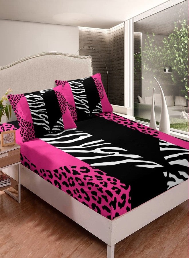 Castle Fairy Zebra Leopard Sheet Sets King Abstract Patchwork Pink Heart Bedding Comforter 4Pcs for Kids Girls Women Room Decor Wild Animals Skin Deep Pocket Sheet Modern Romantic Fitted Flat Sheet,2 Pillowcases - Image 2