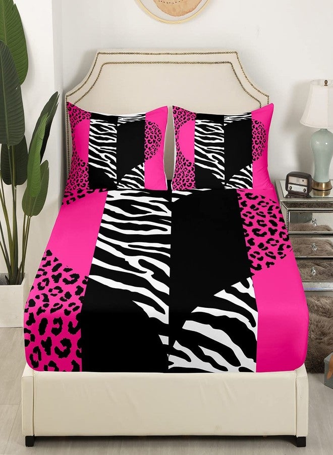 Castle Fairy Zebra Leopard Sheet Sets King Abstract Patchwork Pink Heart Bedding Comforter 4Pcs for Kids Girls Women Room Decor Wild Animals Skin Deep Pocket Sheet Modern Romantic Fitted Flat Sheet,2 Pillowcases - Image 3