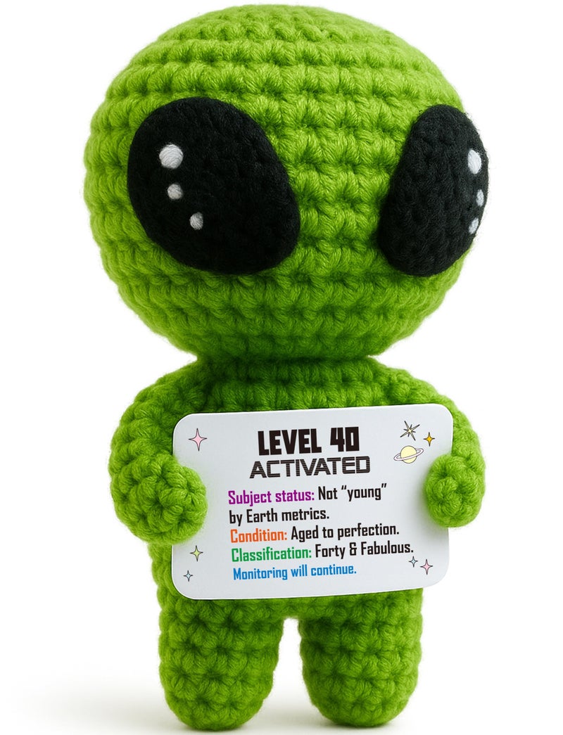 MAMAGIFTREE 40th Birthday Milestone Keepsake – Handmade Crochet Alien Keepsake Doll with Funny Bday Message – Unique 40 Years Old Gift for Him Her Friend or Family - Image 1