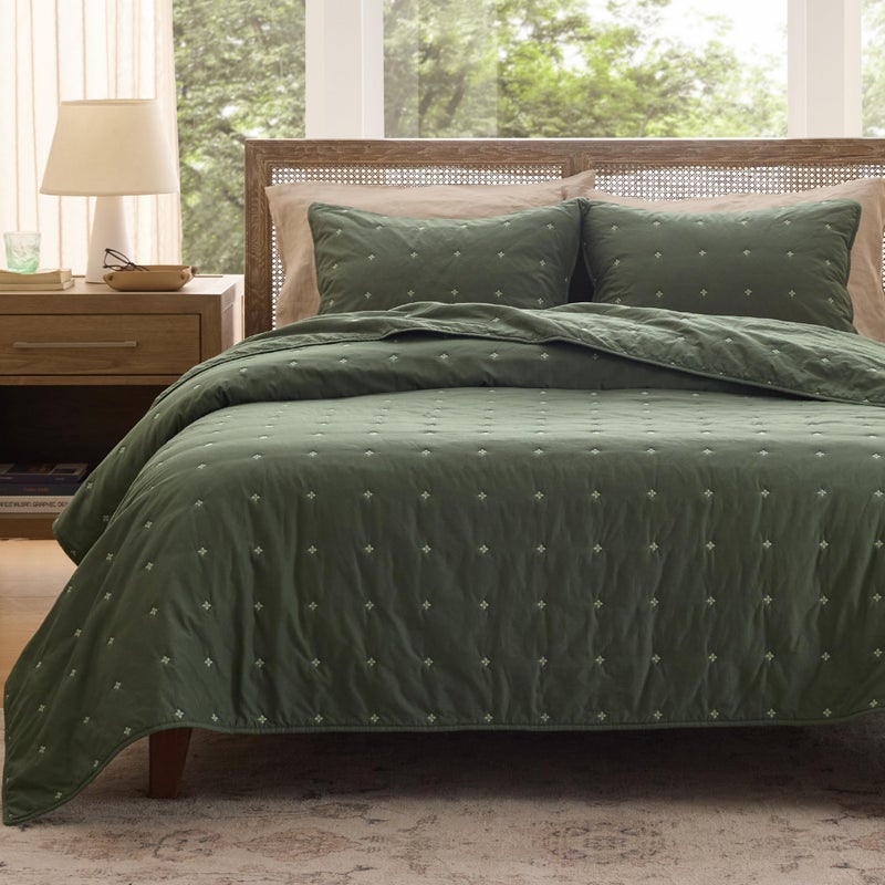 Bedsure 100% Cotton Quilt Set - Queen Size Bedspread, Lightweight Soft Bed Coverlet, 3-Piece Cozy Stitching Comforter with 2 Pillow Shams in Embroidery Clover Pattern, 90x96 inches, Olive Green - Image 1