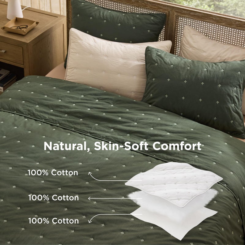 Bedsure 100% Cotton Quilt Set - Queen Size Bedspread, Lightweight Soft Bed Coverlet, 3-Piece Cozy Stitching Comforter with 2 Pillow Shams in Embroidery Clover Pattern, 90x96 inches, Olive Green - Image 2