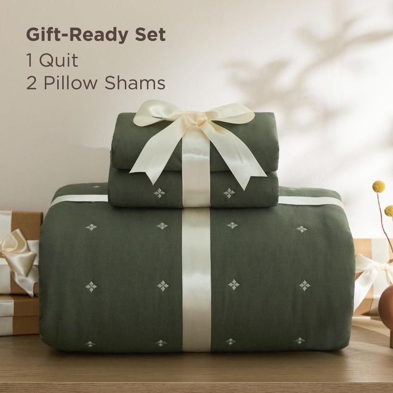 Bedsure 100% Cotton Quilt Set - Queen Size Bedspread, Lightweight Soft Bed Coverlet, 3-Piece Cozy Stitching Comforter with 2 Pillow Shams in Embroidery Clover Pattern, 90x96 inches, Olive Green - Image 5