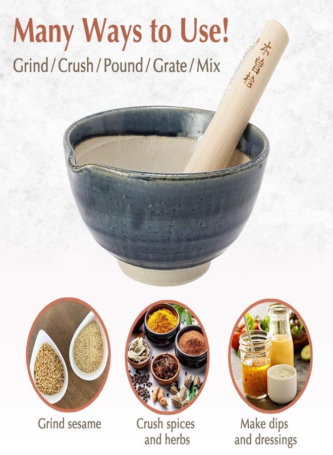 TIKUSAN Ceramic Ripple Ridge Mortar & Pestle (Suribachi & Surikogi) Set with Spout Made in Japan Mino Ware (Large Blue) - Image 4