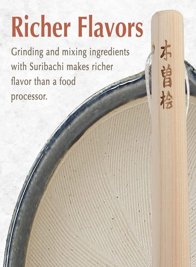 TIKUSAN Ceramic Ripple Ridge Mortar & Pestle (Suribachi & Surikogi) Set with Spout Made in Japan Mino Ware (Large Blue) - Image 2