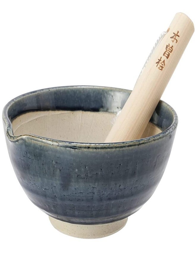 TIKUSAN Ceramic Ripple Ridge Mortar & Pestle (Suribachi & Surikogi) Set with Spout Made in Japan Mino Ware (Large Blue) - Image 1