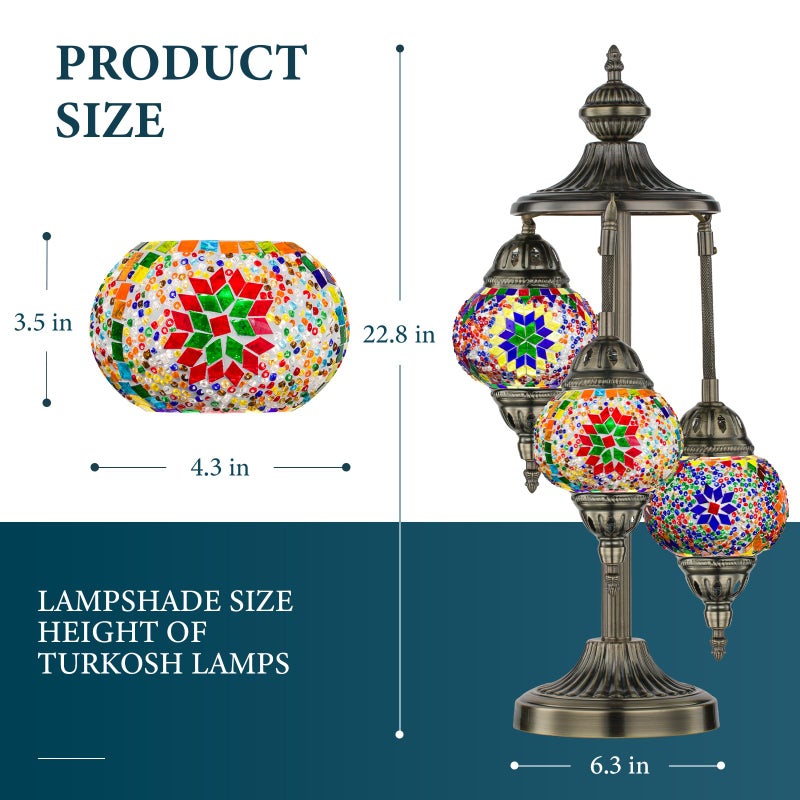 Marrakech Turkish Lamp 3 Globes Moroccan Table Lamp with Bronze Base, 23" Tall Handmade Colorful Tiffany Mosaic Glass Night Light Fixture Including LED Bulb for Living Room Bedroom Decor - Image 3