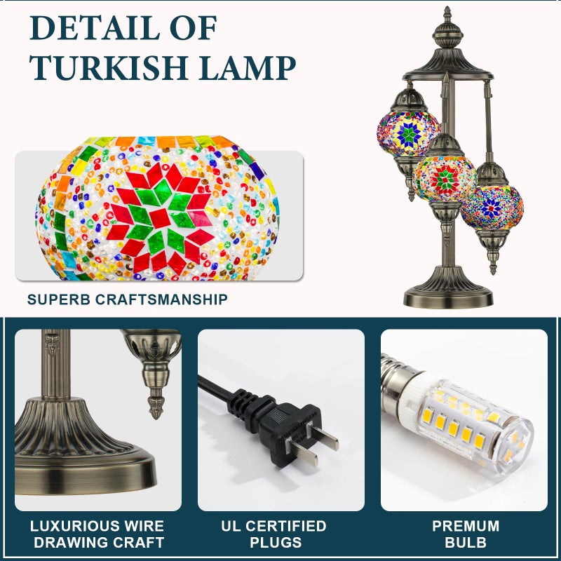 Marrakech Turkish Lamp 3 Globes Moroccan Table Lamp with Bronze Base, 23" Tall Handmade Colorful Tiffany Mosaic Glass Night Light Fixture Including LED Bulb for Living Room Bedroom Decor - Image 4