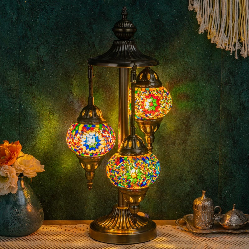 Marrakech Turkish Lamp 3 Globes Moroccan Table Lamp with Bronze Base, 23" Tall Handmade Colorful Tiffany Mosaic Glass Night Light Fixture Including LED Bulb for Living Room Bedroom Decor - Image 1