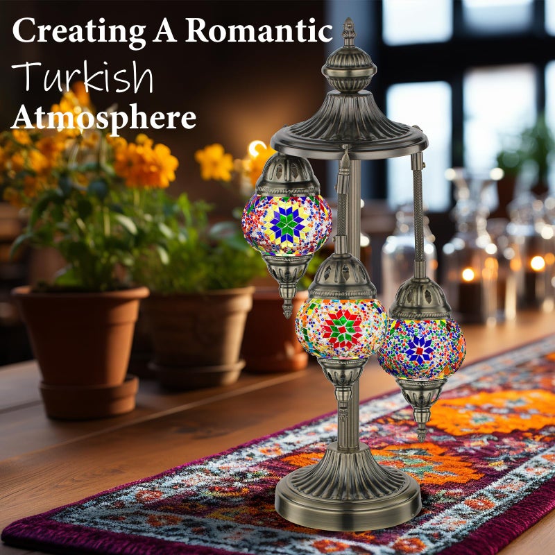 Marrakech Turkish Lamp 3 Globes Moroccan Table Lamp with Bronze Base, 23" Tall Handmade Colorful Tiffany Mosaic Glass Night Light Fixture Including LED Bulb for Living Room Bedroom Decor - Image 2