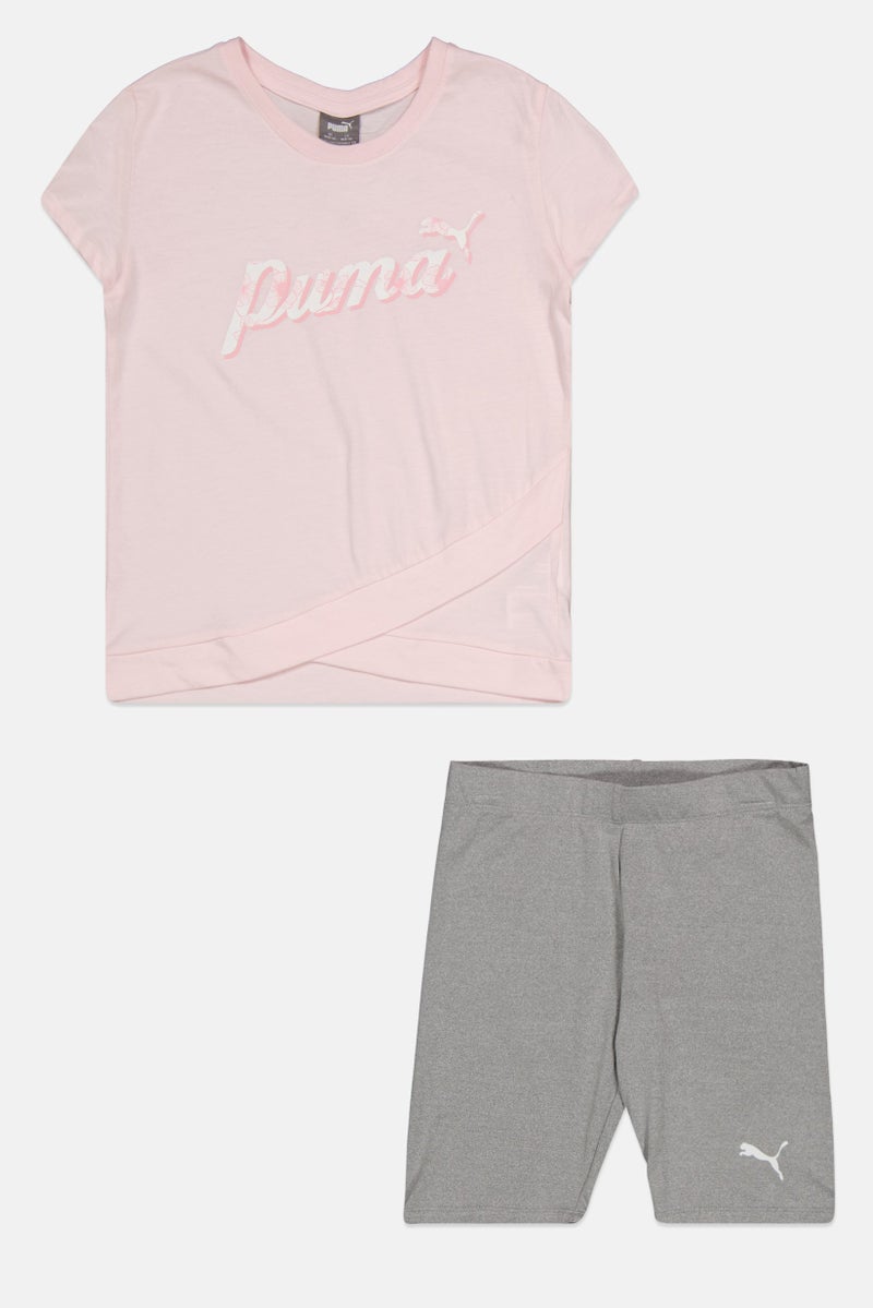PUMA Kids Girl 2 Pieces Sportwear Fit Top And Short Set, Pink/Grey - Image 1