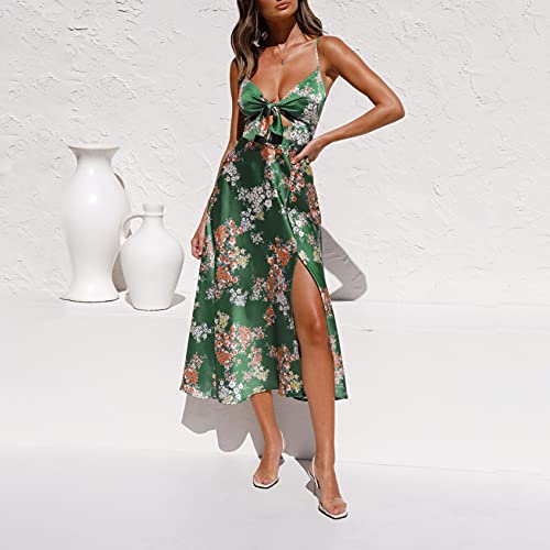 Fashionme Women Spaghetti Strap Midi Satin Dresses Tie Front Backless Split Summer Casual Floral Dress Hollow Flowy Slip Dress Sundresses Wedding Guest Beach Cocktail Graduation - Image 2