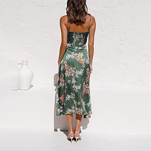 Fashionme Women Spaghetti Strap Midi Satin Dresses Tie Front Backless Split Summer Casual Floral Dress Hollow Flowy Slip Dress Sundresses Wedding Guest Beach Cocktail Graduation - Image 3