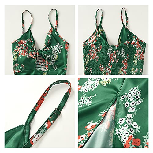 Fashionme Women Spaghetti Strap Midi Satin Dresses Tie Front Backless Split Summer Casual Floral Dress Hollow Flowy Slip Dress Sundresses Wedding Guest Beach Cocktail Graduation - Image 5