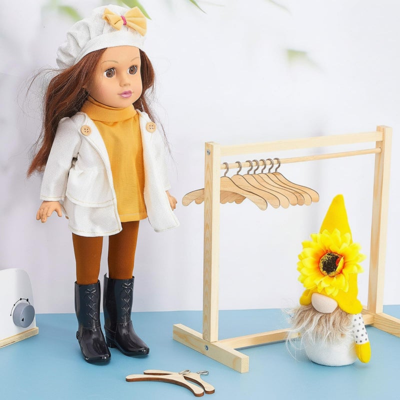 Civaner 11 Pcs Doll Garment Rack with Wooden Clothes Hanger for 18 Inch Girl Doll Clothes Mini Hangers Wardrobe Furniture Accessories for Dollhouse Baby Shower Supplies (Wood) - Image 5