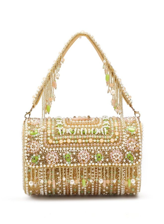 Anekaant Blush & Bead Beige Embellished Velvet Clutch for Women | Designer Handbag for Weddings & Parties - Image 1
