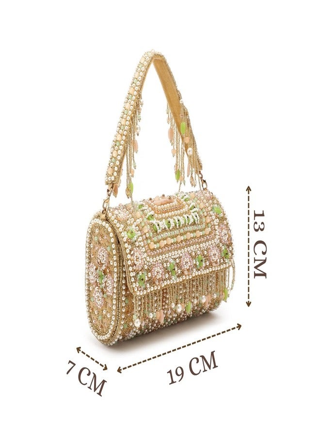 Anekaant Blush & Bead Beige Embellished Velvet Clutch for Women | Designer Handbag for Weddings & Parties - Image 5