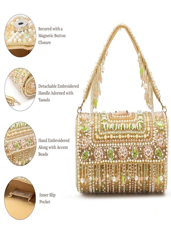 Anekaant Blush & Bead Beige Embellished Velvet Clutch for Women | Designer Handbag for Weddings & Parties - Image 3