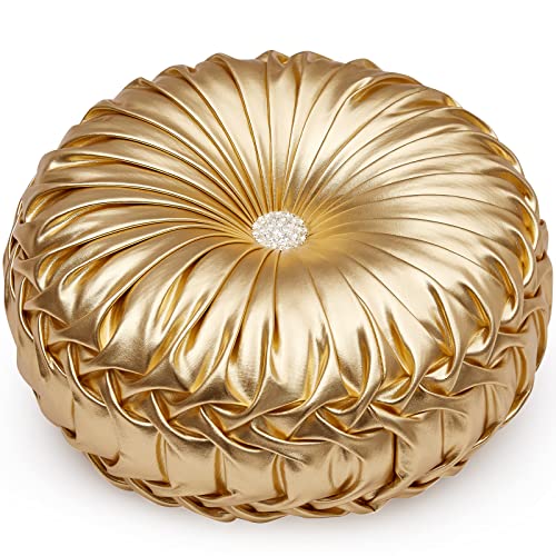 EUCIOR Gold Throw Pillows,Circular Pillow,Pumpkin Pleated Handmade Throw Pillows,Gold Pillows,Smooth Metallic Leather Decorative Pillows for Home Decor Bedroom Living Room Couch Bed Sofa - Image 1