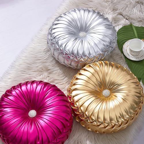 EUCIOR Gold Throw Pillows,Circular Pillow,Pumpkin Pleated Handmade Throw Pillows,Gold Pillows,Smooth Metallic Leather Decorative Pillows for Home Decor Bedroom Living Room Couch Bed Sofa - Image 5