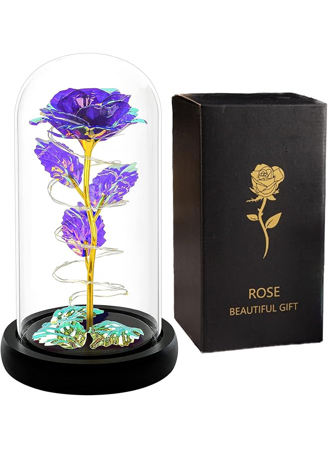 Arabest Colorful Artificial Flower Rose Gift Led Light Forever Rose Birthday Gifts For Women Mom Grandma Wife Rose Flower In Glass Dome Unique Gifts For Mother'S Day Purple - Image 1