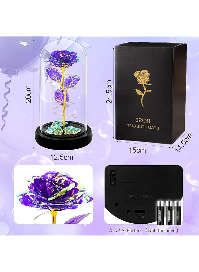 Arabest Colorful Artificial Flower Rose Gift Led Light Forever Rose Birthday Gifts For Women Mom Grandma Wife Rose Flower In Glass Dome Unique Gifts For Mother'S Day Purple - Image 3