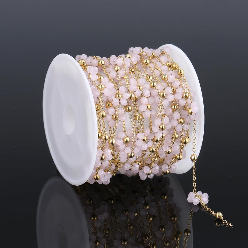 UMAOKANG 3 Meters Bead Flower Chain for Jewelry Making Gold Plated Stainless Steel Jewelry Making Chains Light Pink Crystal Floral Craft Chain Roll - Image 2