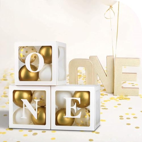 Festi Duck ONE' Balloon Box Set - Stylish Lettered Decor for First Birthday & Aniversary Celebration (One Birthday Box) 28 pcs set (Gold & White) Paper - Image 1