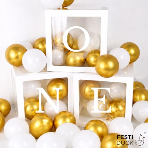 Festi Duck ONE' Balloon Box Set - Stylish Lettered Decor for First Birthday & Aniversary Celebration (One Birthday Box) 28 pcs set (Gold & White) Paper - Image 5