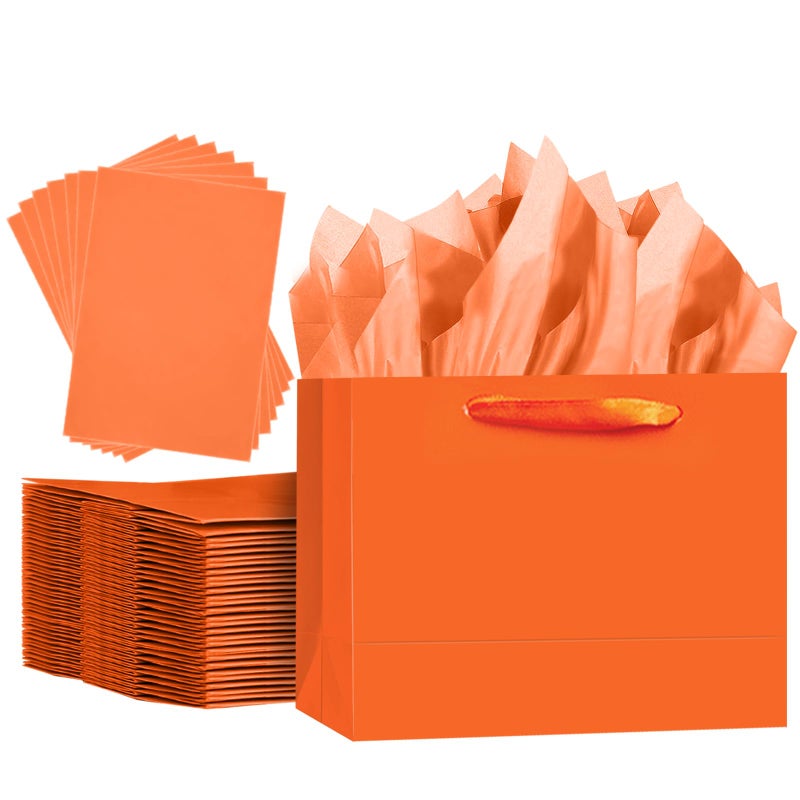 qiqee 5PCS Bright Orange Gift Bags with Ribbon Handles 9.6"x7.9"x4.3" Medium Size Gift Bags (10PCS Tissue Paper included, Medium Wide) - Image 1