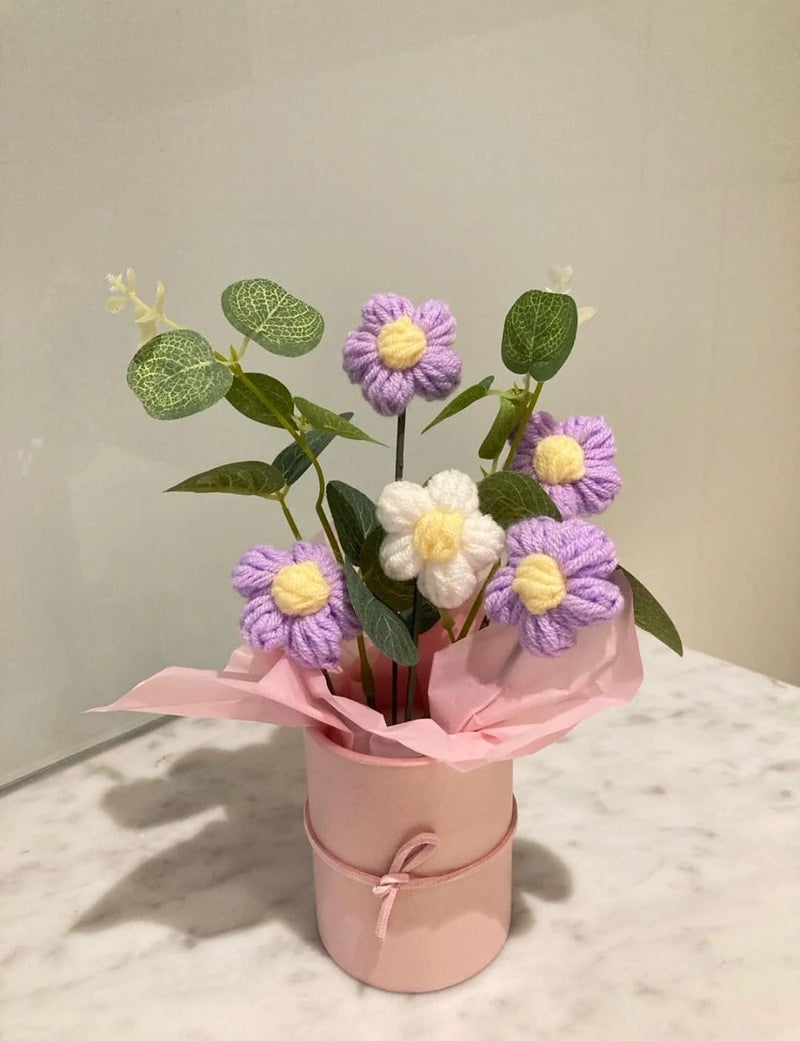 VRB Dec 1pcs Artificial Crochet Flower Bouquet/Artificial Flowers Bunch/Crochet Flowers Bouquet/Crochet Flowers/Flowers Bouquet Gift for Girls Home Decor,Gifting,etc. (Purple Daisy Bouquet) - Image 2