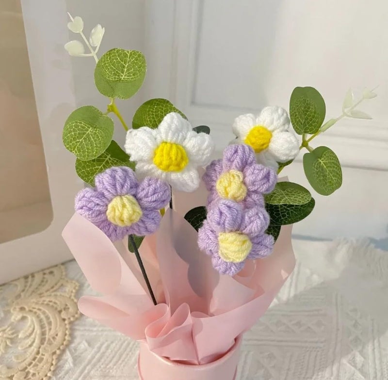 VRB Dec 1pcs Artificial Crochet Flower Bouquet/Artificial Flowers Bunch/Crochet Flowers Bouquet/Crochet Flowers/Flowers Bouquet Gift for Girls Home Decor,Gifting,etc. (Purple Daisy Bouquet) - Image 3
