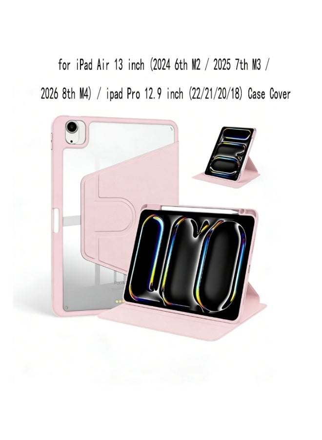 for iPad Air 13 inch (2024 6th M2 / 2025 7th M3 / 2026 8th M4) / ipad Pro 12.9 inch (22/21/20/18) Case Cover,Tablet Protective Case, Acrylic 360 ° Rotating Design, Automatic Wake-up/sleep, Soft Leather,Powder - Image 1
