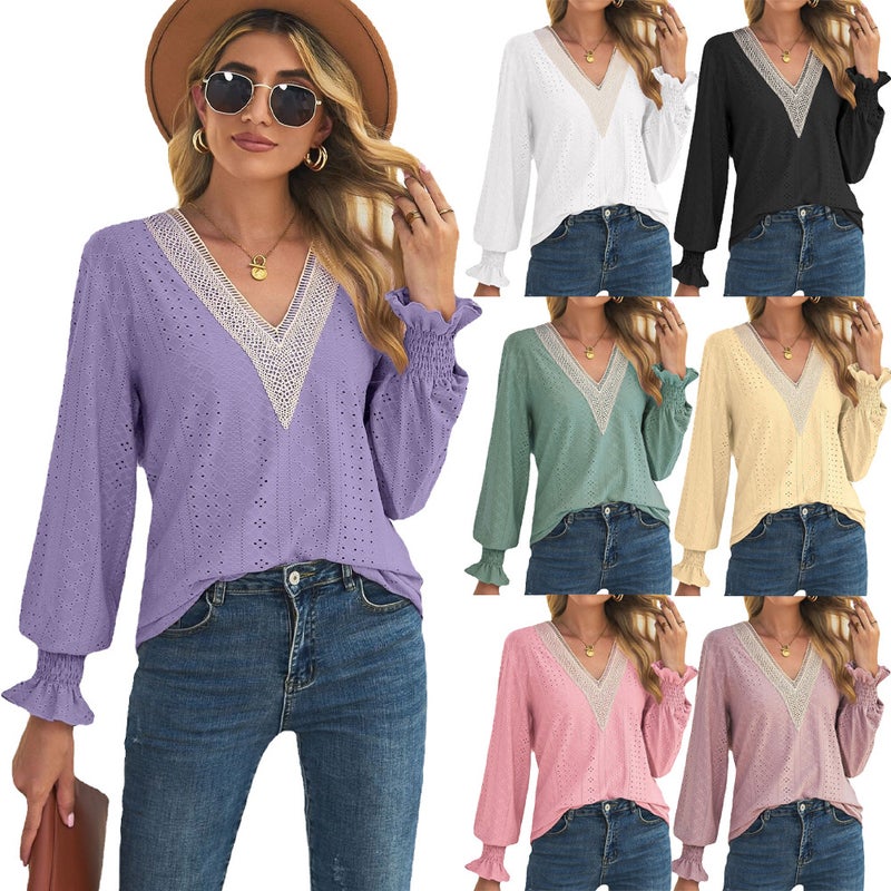2023 long sleeve loose hollow lace stitching V-neck T-shirt - Image 2