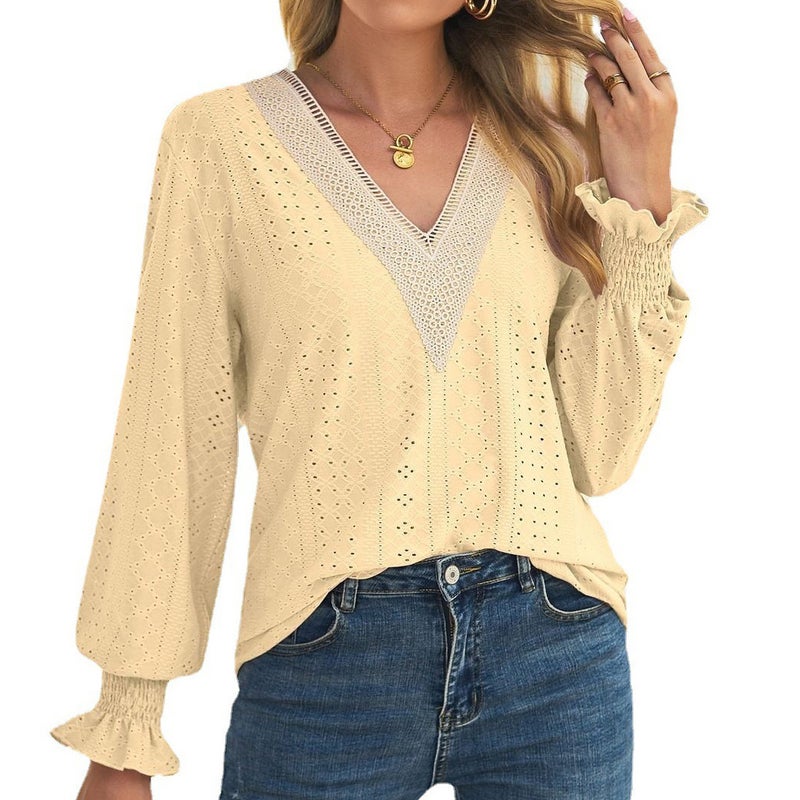 2023 long sleeve loose hollow lace stitching V-neck T-shirt - Image 5