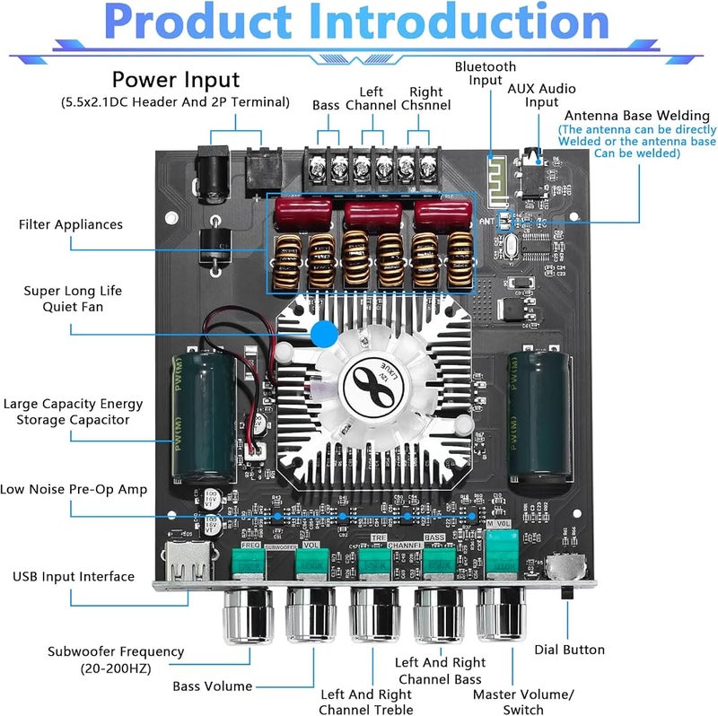 CUQI ZK-HT21 Bluetooth Amplifier Board 2.1 Channel Subwoofer 160W+160W+220W Bluetooth 5.0 Amplifier with Treble and Bass Control for DIY Speakers - Image 3