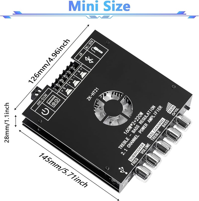 CUQI ZK-HT21 Bluetooth Amplifier Board 2.1 Channel Subwoofer 160W+160W+220W Bluetooth 5.0 Amplifier with Treble and Bass Control for DIY Speakers - Image 2