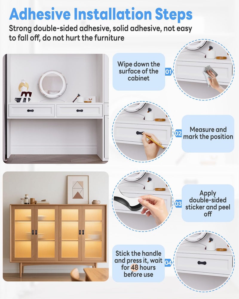 Mebantoo 8 Pack Adhesive Cabinet Handles, 3 Inch Self-Stick Knobs, Barn Door & Finger Pulls For Closets, Sliding Shower Glass Doors, Wardrobes, Drawers, Windows (8, Black) - Image 4