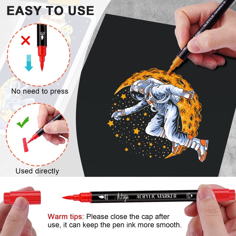 Artugn 36 Colors Acrylic Paint Pens, Dual Tip Pens With Medium Brush Tip, Paint Markers for Rock Painting, Ceramic, Wood, Plastic, Calligraphy, Scrapbooking, Brush Lettering, Card Making, DIY Crafts - Image 3